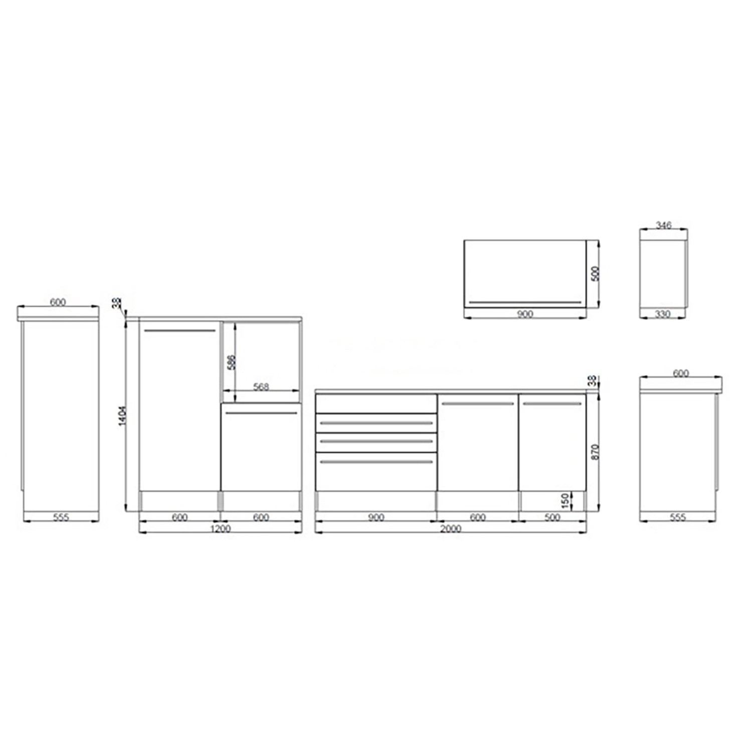 Technische Zeichnung: Respekta Küchenblock Gabriel 320 cm, Maße und Anordnung der Elemente.