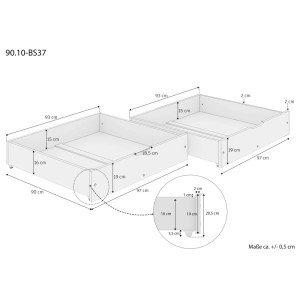 Zweiteiliger, weißer Bettkasten aus Buche (97x90cm) mit Maßangaben für Betten. Modell BS37.