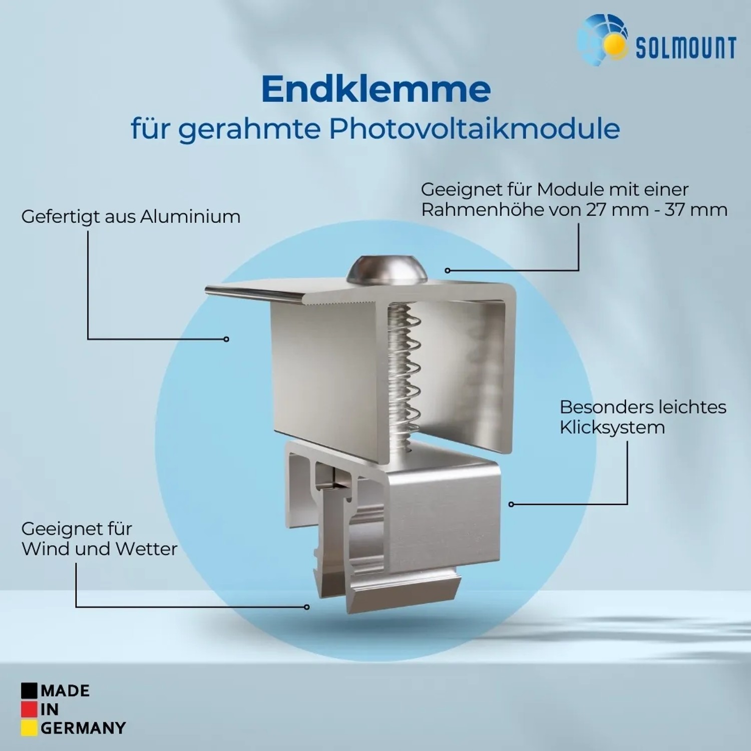 SolMount Endklemme aus Aluminium für Solarmodule (27-37mm Rahmenhöhe).