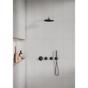 Vitra Wandfliese Smart Uni Weiß Matt mit Linien-Optik in einer Dusche.