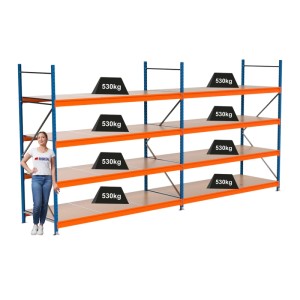 PROREGAL Weitspannregal MAXIMUS PRO, blau/orange, mit Spanplatten und Gewichten zur Demonstration der Traglast.