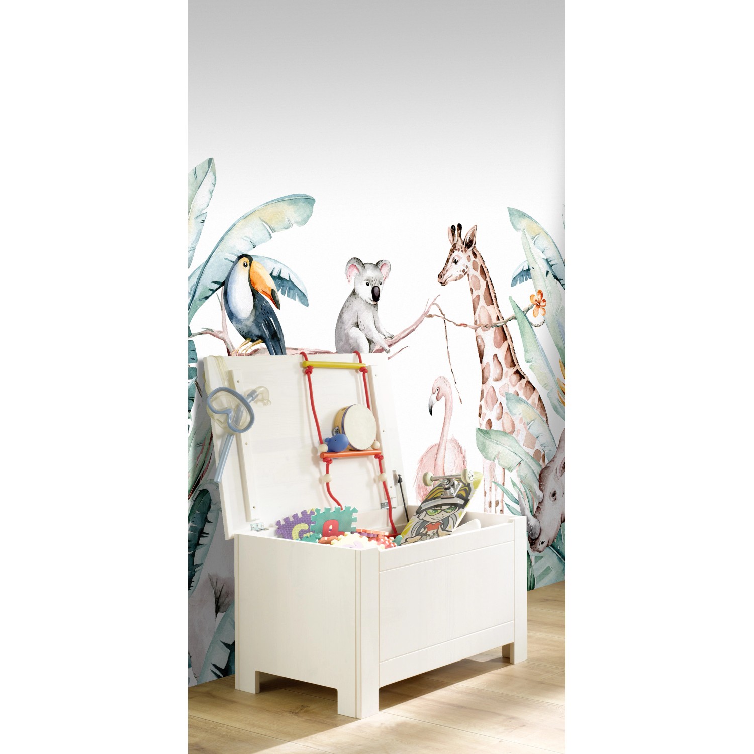 Helle Fototapete mit Dschungeltieren (Giraffe, Koala, Tukan) von Rasch, passend zum Kinderzimmer.