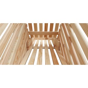 Kartoffelhorde aus Kiefernholz, naturbelassen, mit Latten für gute Belüftung.