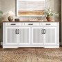Weißes Merax Sideboard mit Holzplatte, 3 Schubladen und 4 Türen mit vertikalen 3D-Streifen. Moderner Wohnzimmerschrank aus MDF.
