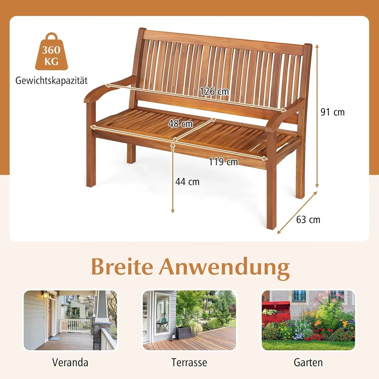 Gartenbank aus Eukalyptusholz, 2-3 Sitzer, naturfarben, mit Maßen und 360 kg Tragkraft. Für Garten, Terrasse, Veranda.