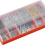 Nagelsortiment mit verschiedenen Nagelarten und -größen in einer roten Aufbewahrungsbox.