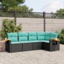 Schwarze 5-tlg. Garten-Sofagarnitur aus Rattan mit türkisen Kissen. Gartenmöbel für Terrasse und Garten.
