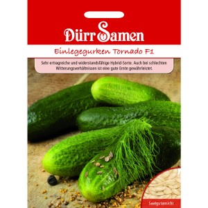 Dürr Samen Einlegegurken Tornado F1: Packung mit Gurken und Saatgut-Ansicht.