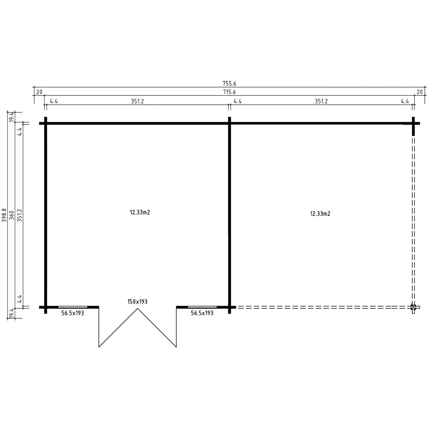 Grundriss Alpholz Gartenhaus Freiburg-44 Natur, 755x399 cm, mit Doppeltür.