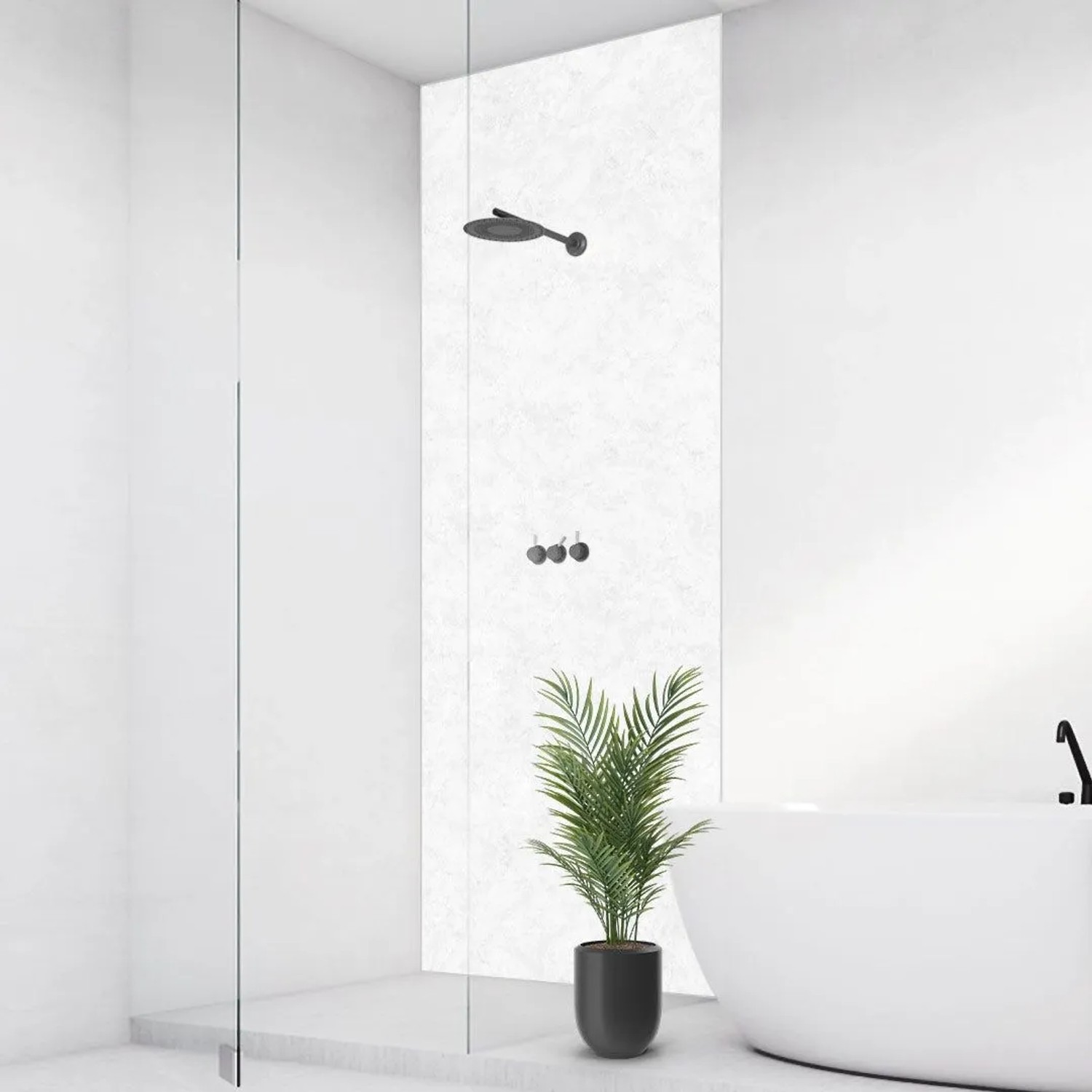 Walllux Duschrückwand Marmor Weiss, 100x210cm, im modernen Badezimmer.