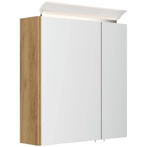 Posseik Spiegelschrank 60 cm Eiche Gold mit zwei Spiegeltüren und integrierter LED-Lampe. Modernes Badmöbel.