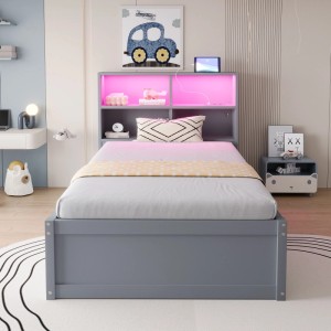 Graues Merax Schlafsofa 90x200cm mit pink leuchtendem LED-Kopfteil, Stauraum & Ladefunktion. Massivholz-Einzelbett.