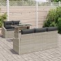 Hellgraues 6-tlg. vidaXL Garten-Sofa-Set mit Tisch und Auflagen aus Polyrattan.