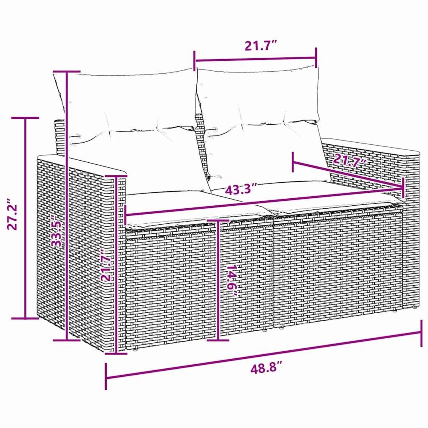 Abbildung des vidaXL 8-teiligen Garten-Sofa-Sets aus schwarzem Poly Rattan mit Maßen.