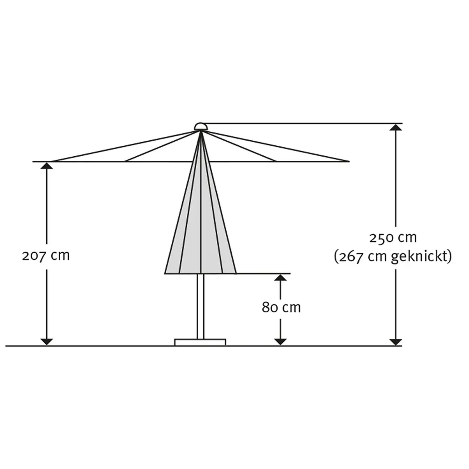 Maße des Schneider Marktschirms Venedig, Ø 270 cm, Anthrazit: Höhe 250 cm, geknickt 267 cm.