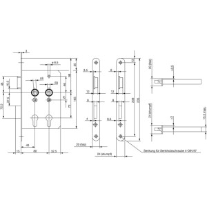BKS Rohrrahmenschloss 6043 PZW, links, Edelstahl. Technische Zeichnung mit Dornmaß 40/80 mm und Maßen für Einbau.