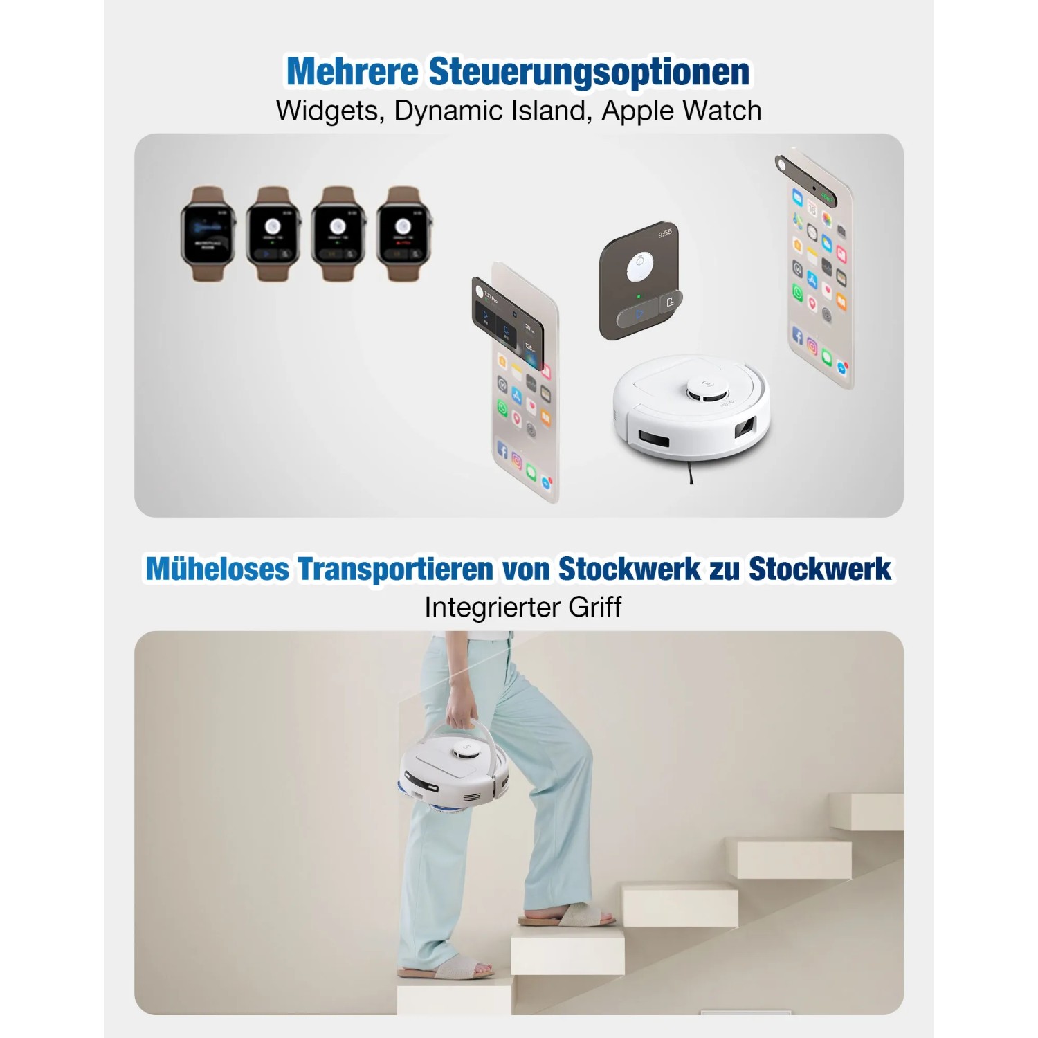 ECOVACS DEEBOT Mini Saugroboter: Steuerung per App, Transport im Haus.