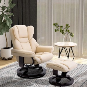 Cremefarbener HOMCOM Relaxsessel mit Hocker aus Kunstleder. Drehbarer Loungesessel mit Liegefunktion und dunklem Holzfuß.