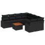 Schwarzes 9-teiliges Garten-Sofa-Set aus Rattan mit Tisch und Polstern für Terrasse und Garten.