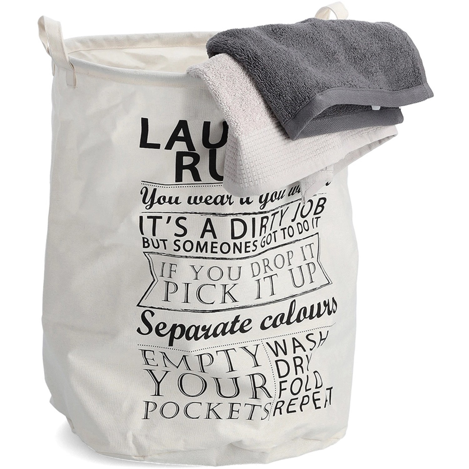 Beiger Wäschesammler Laundry Rules von Zeller Present, Ø 38 cm, mit Wäsche.