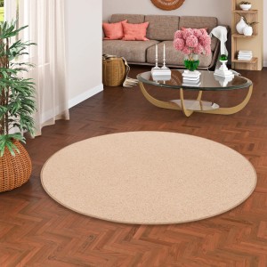Runder, karamellfarbener Snapstyle Natur Teppich aus Wolle (Berber) mit 200 cm Durchmesser.