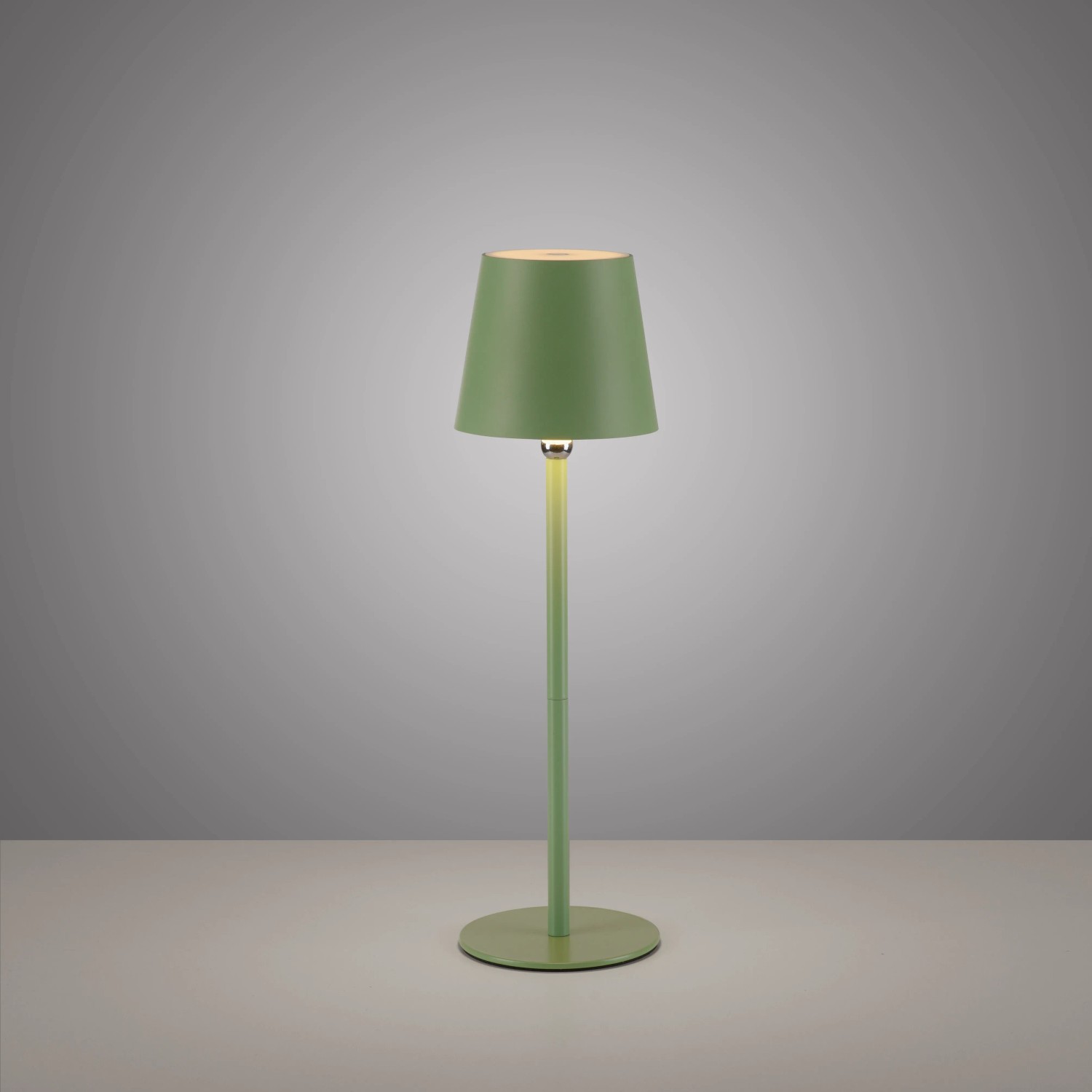 Grüne Akku-LED-Tischleuchte Boteria, Ø 11 cm, 37 cm hoch. Dekoleuchte für den Außenbereich.