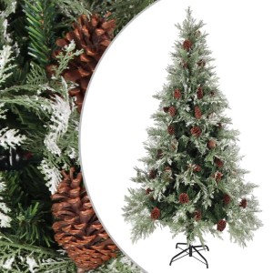 Grün-weißer, künstlicher Weihnachtsbaum (225 cm) mit Zapfen für weihnachtliche Stimmung.