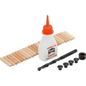 LUX Dübel-Set 6 mm: Holzdübel, Holzbohrer, Dübelmarkierhilfen, Metall-Feststellring und Ponal Leim.