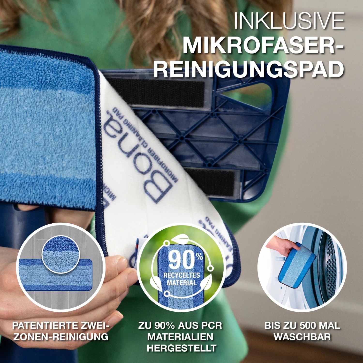 Bona Spray Mop mit Mikrofaser-Reinigungspad für Hartböden. Reinigungsgerät mit blauem Pad.