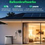 Growatt AURA 5000 Balkonkraftwerk Speicher an Hauswand, verbunden mit Steckdose. Solarmodule auf Dach, abends.