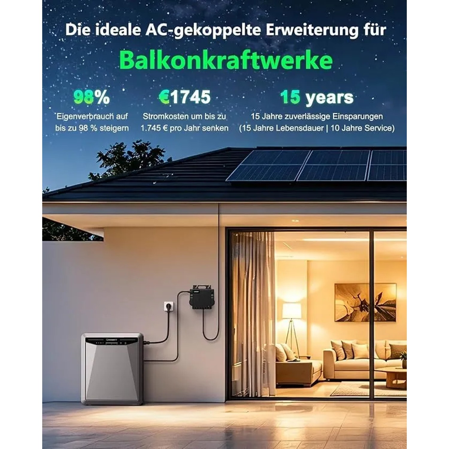 Growatt AURA 5000 Balkonkraftwerk Speicher an Hauswand, verbunden mit Steckdose. Solarmodule auf Dach, abends.