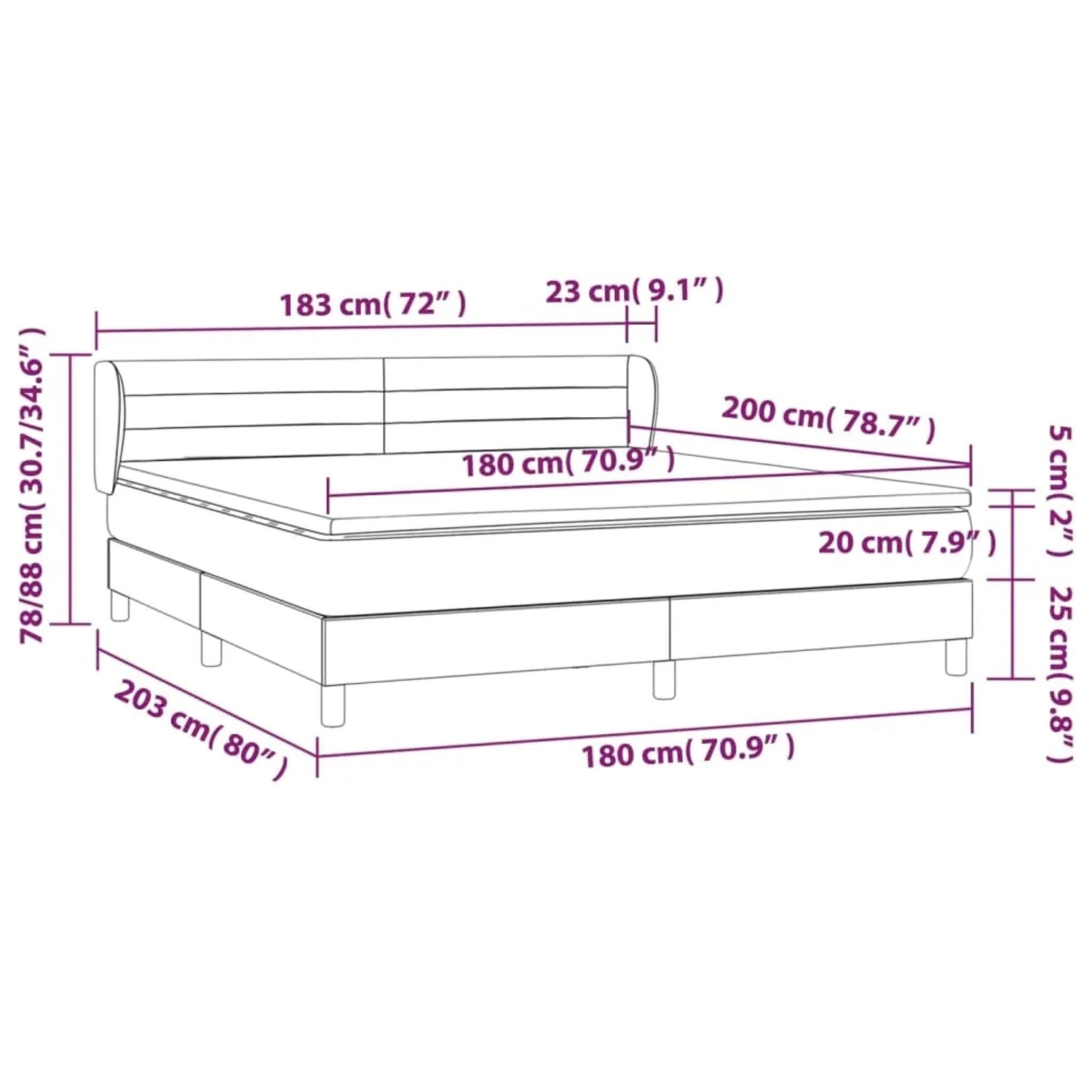 vidaXL Boxspringbett schwarz 180x200 cm mit Matratze und Maßen.