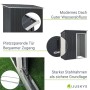 Juskys Metall Gerätehaus S mit Pultdach, anthrazit, Details zu Dach, Tür und Stahlrahmen.