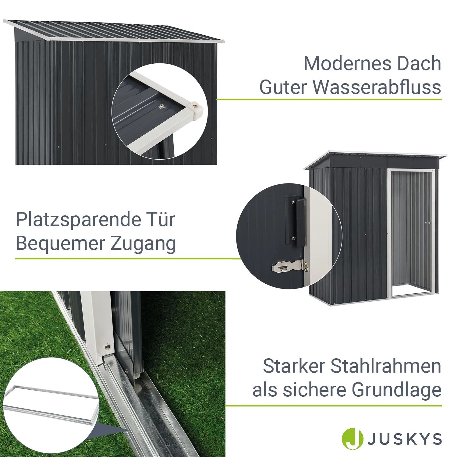 Juskys Metall Gerätehaus S mit Pultdach, anthrazit, Details zu Dach, Tür und Stahlrahmen.