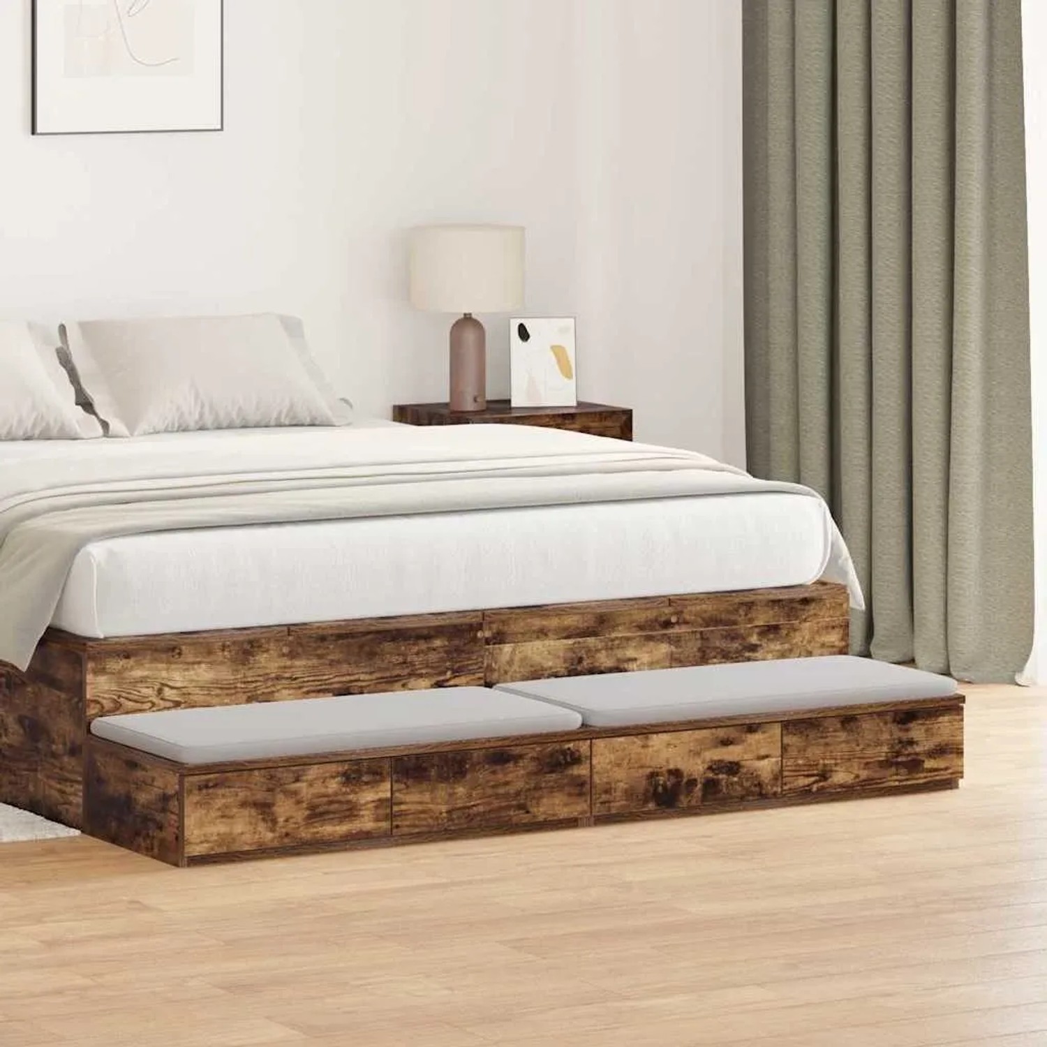 vidaXL Bettschubladen Räuchereiche Holzwerkstoff mit hellgrauen Kissen. Moderne Schlafzimmer-Aufbewahrung, integriert in Bettgestell.