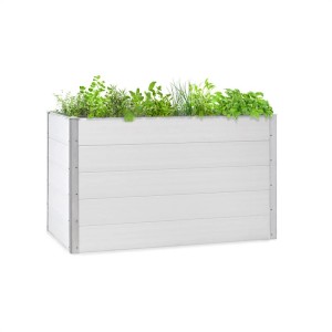 Blumfeldt Nova Grow Hochbeet, 150x91x100 cm, WPC Holzoptik, rechteckig, weiß, bepflanzt.