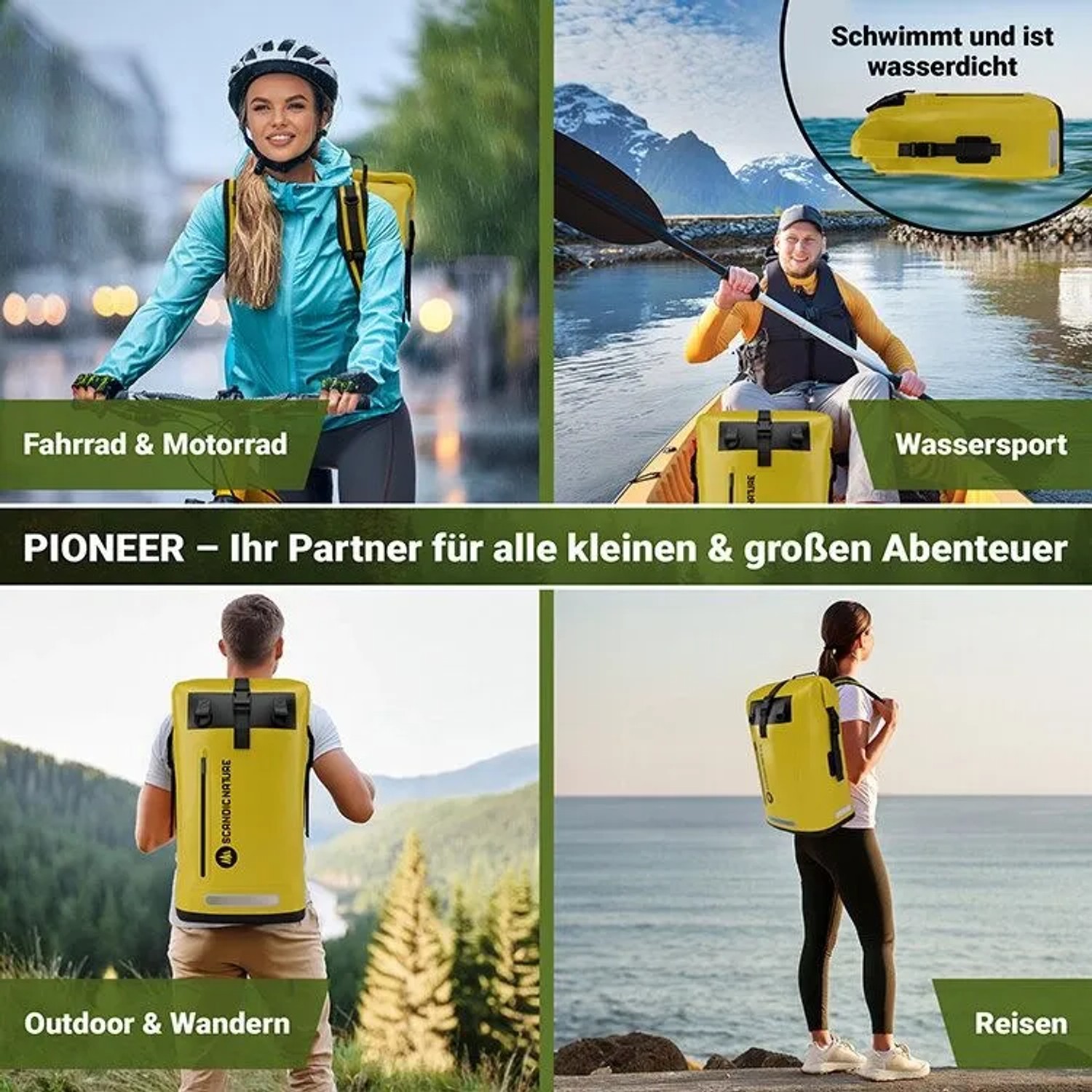 Gelber SCANDIC NATURE Pioneer 55L Rucksack, wasserdicht mit Roll Top, für Outdoor, Wandern, Reisen, Radfahren & Wassersport.