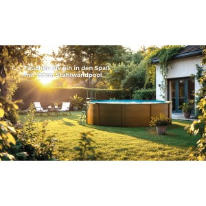 Runder Gre Pool Pacific mit Holzoptik im Garten, Leiter angelehnt.