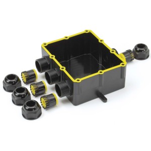 Schwarze S-Impuls Abzweigdose IP68 für Außenbereich mit gelben Dichtungen und Zubehör.