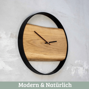 DELUKE Wanduhr Groß Holz NATA HANDGEFERTIGT 43cm Ø Eiche Geräuschlos Wohnzimmeruhr Holz-Metalloptik Küchenuhr Dekouhr