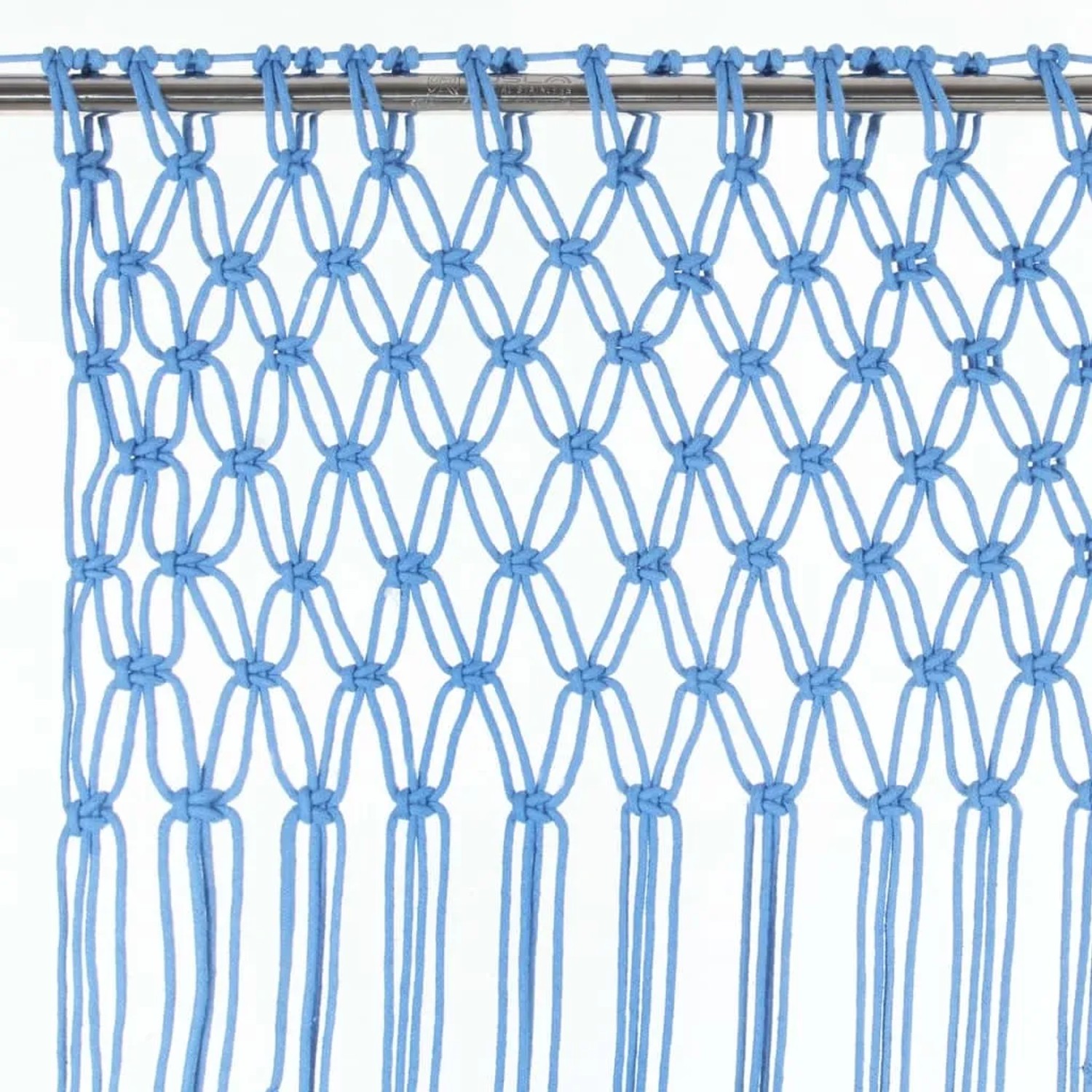 Blauer Makramee Vorhang (140x240 cm) aus Baumwolle, Detailansicht des handgefertigten Musters.