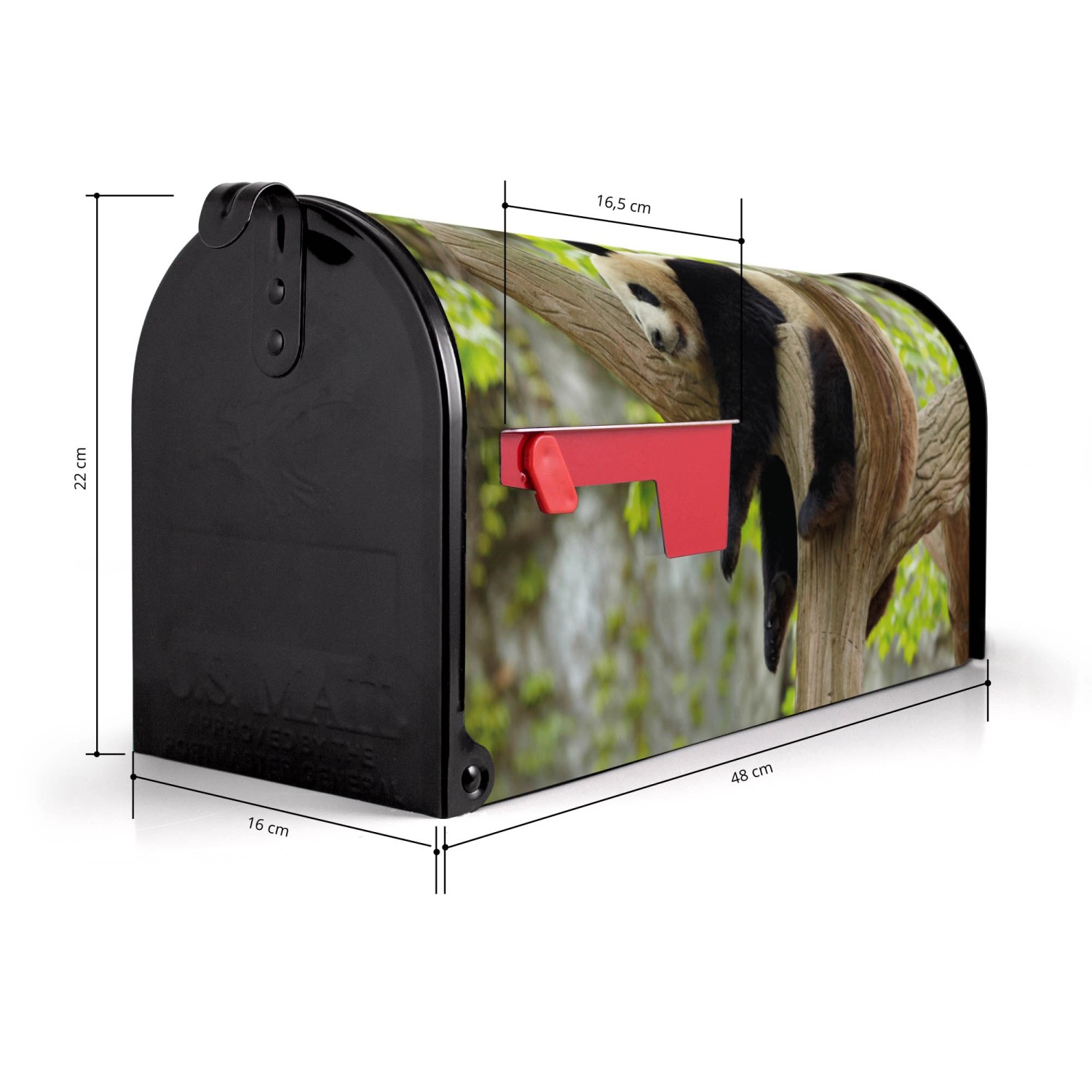 Schwarzer US Briefkasten mit Panda Motiv. Amerikanischer Postkasten aus Stahl, pulverbeschichtet, 48x22x16cm.