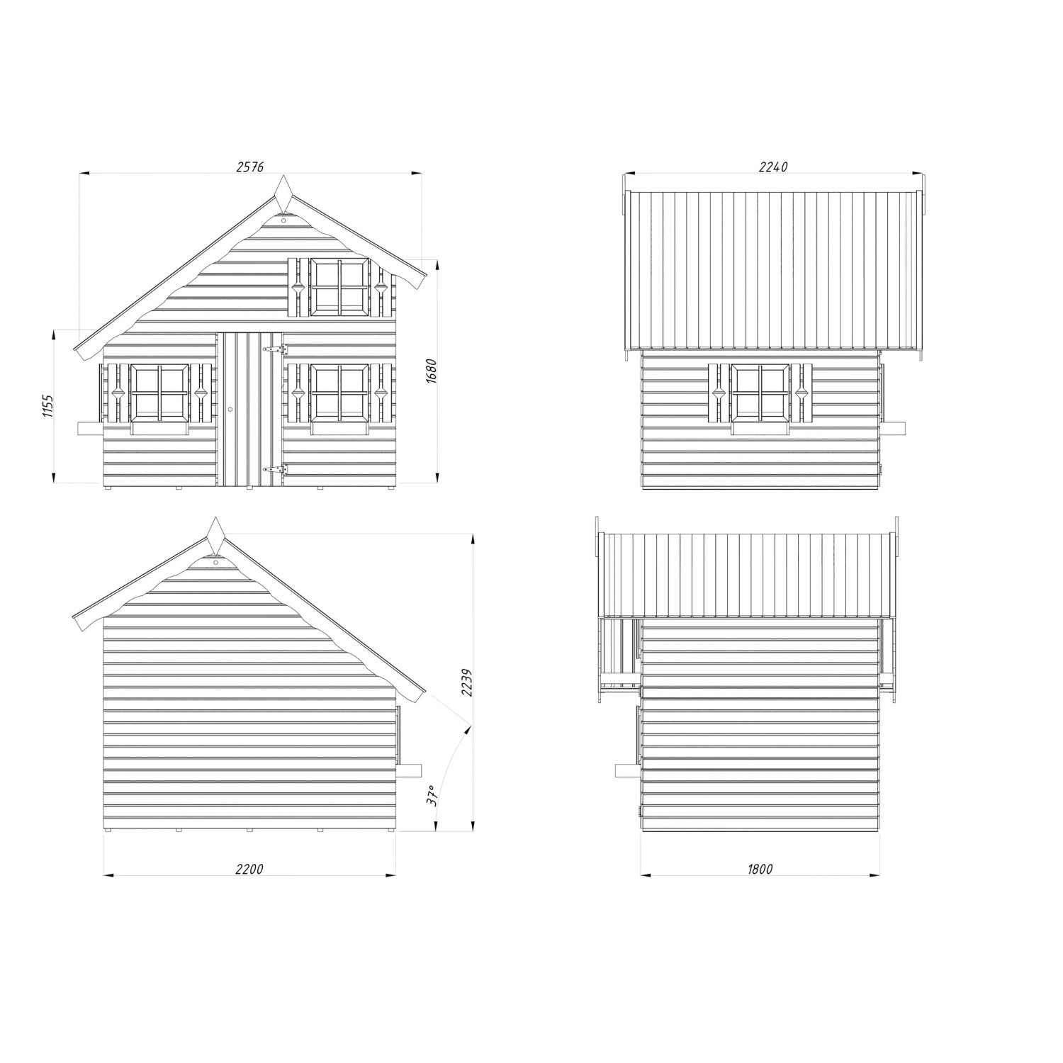 Technische Zeichnung: Palmako Spielhaus Tom aus Fichtenholz, naturbelassen, mit Maßen.