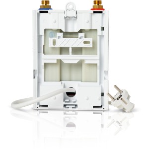 Rückansicht Bosch Tronic Comfort Compact 35 kW Durchlauferhitzer mit Stromkabel und Wasseranschlüssen.