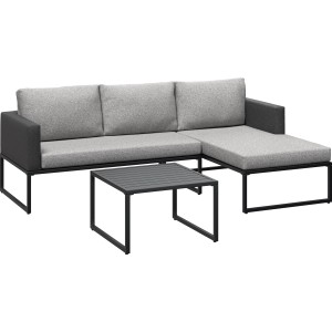 Graues 3-teiliges Lounge-Set Minburra mit Esstisch aus Aluminium für Terrasse und Garten.
