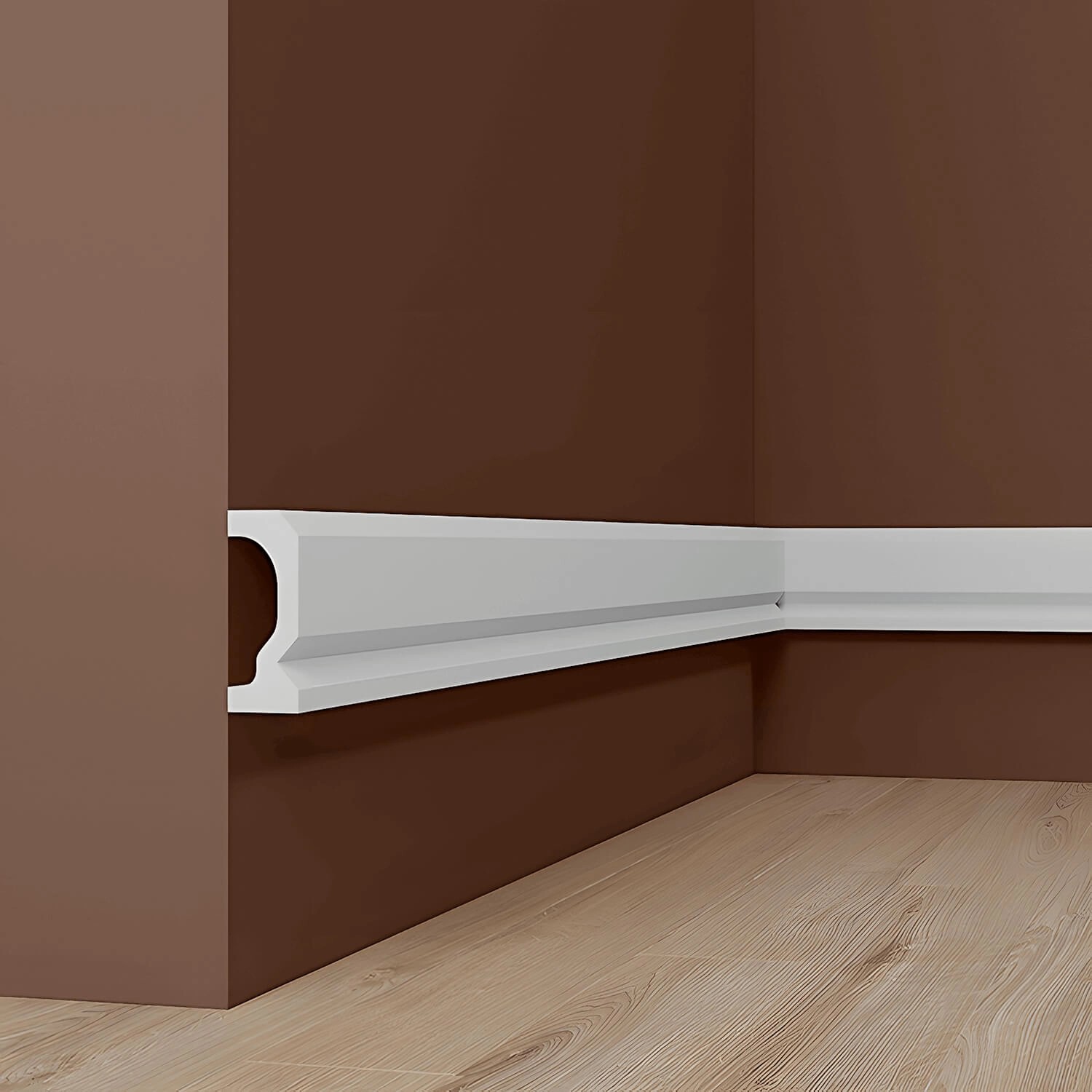 Weiße PROFHOME Wandleiste/Friesleiste (200,7 cm) an brauner Wand und hellem Boden.