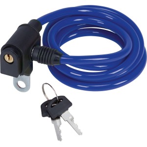 Blaues Kabelschloss (150 cm) mit Schlüssel für Fahrräder.