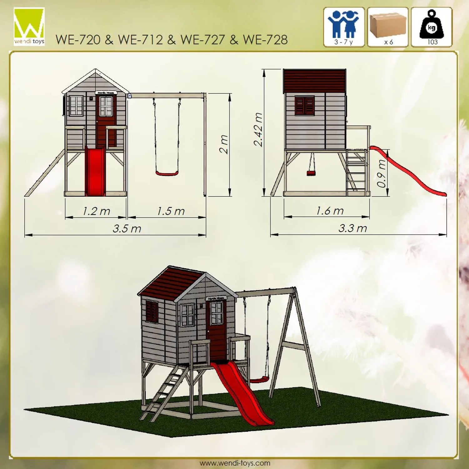 Wendi Toys Kinderspielhaus Elefant mit Rutsche und Schaukel, Maße und Details.