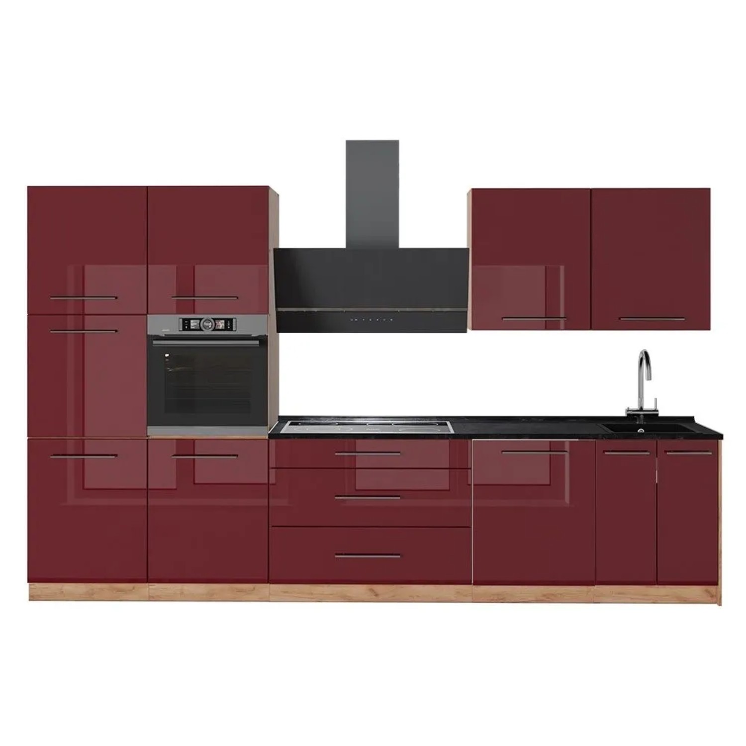 Vicco Küchenzeile Fame-Line Bordeaux Hochglanz/Goldkraft Eiche 340 x 207 AP Anthrazit Art Nr 64604