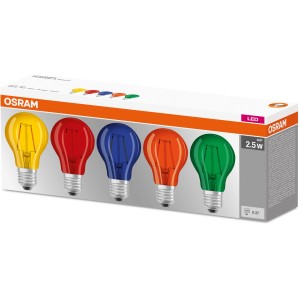 Osram LED E27 Leuchtmittel Colorbox, 5er-Pack mit farbigen Lampen (Rot, Gelb, Blau, Orange, Grün).